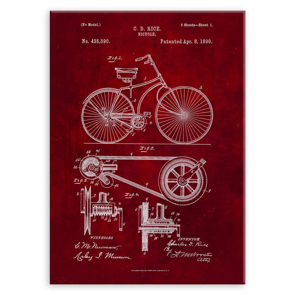 Plakat metalowy czerwony projekt patentu rowera L