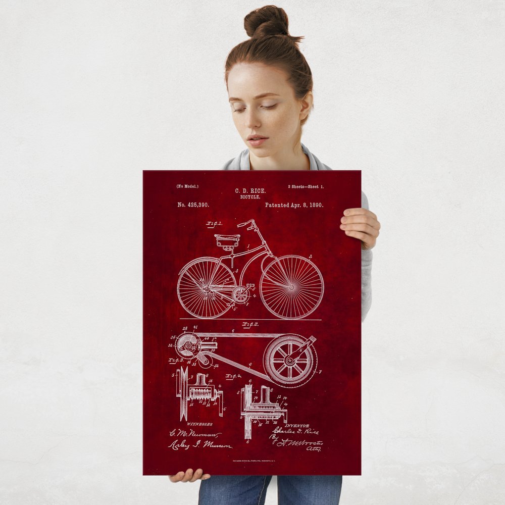 Plakat metalowy czerwony projekt patentu rowera L