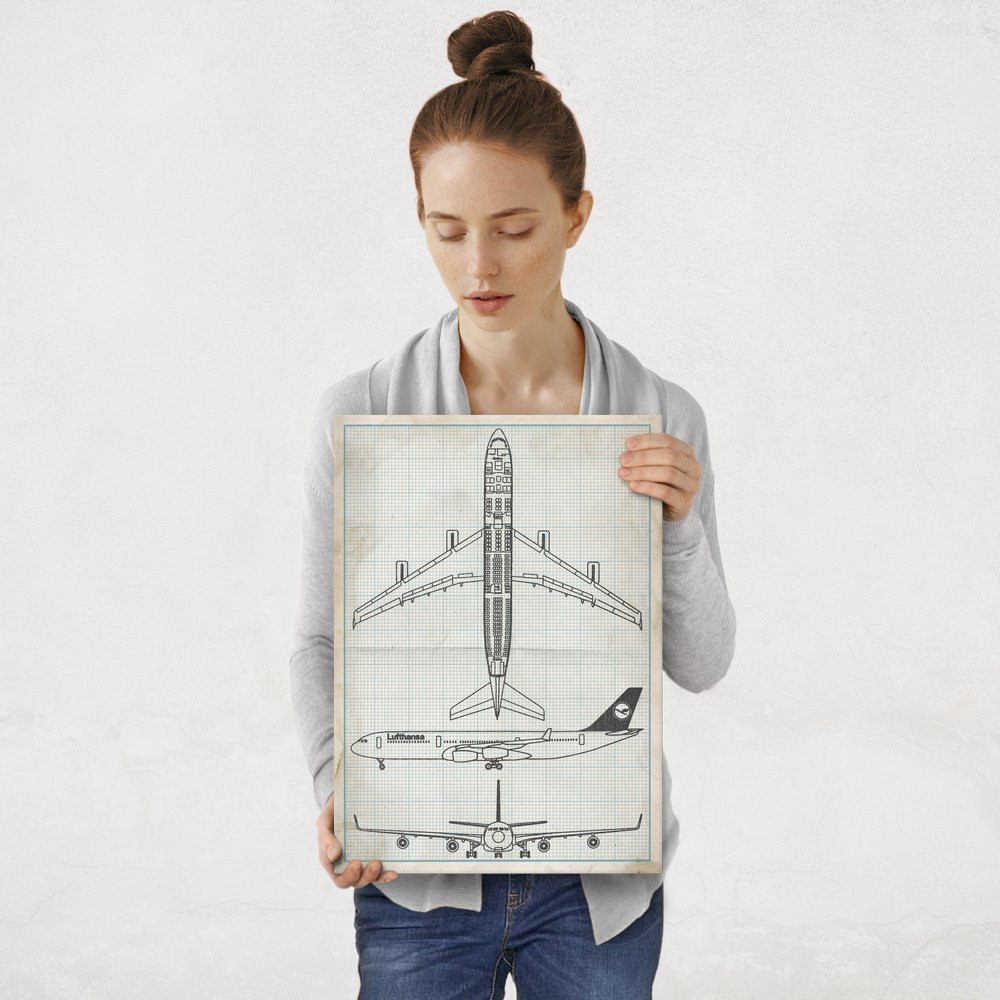 Plakat metalowy projekt samolotu Lufthansa na papierze w kratkę M