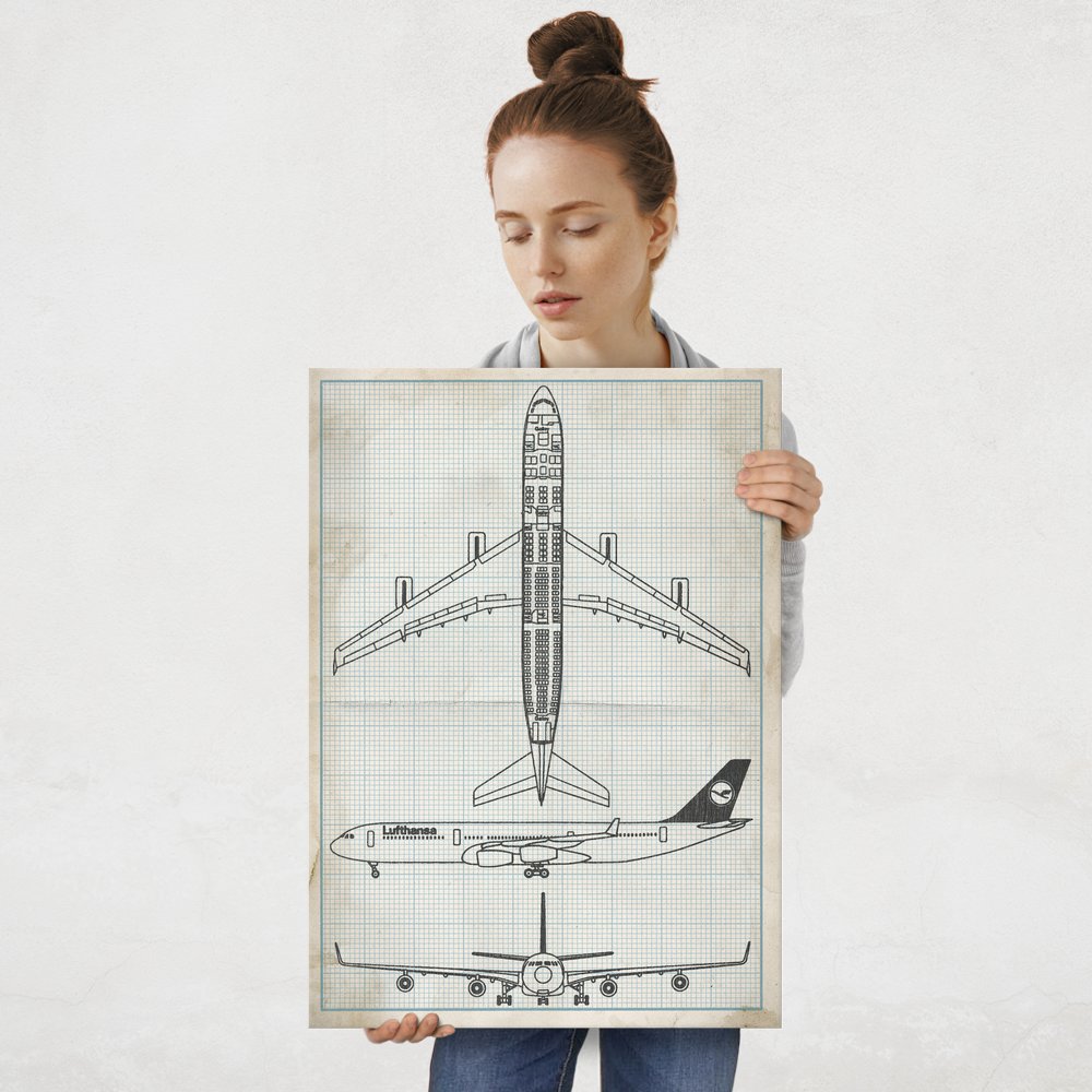 Plakat metalowy projekt samolotu Lufthansa na papierze w kratkę L
