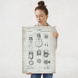 Plakat metalowy projekt patentu żarówki Edisona na papierze w kratkę L