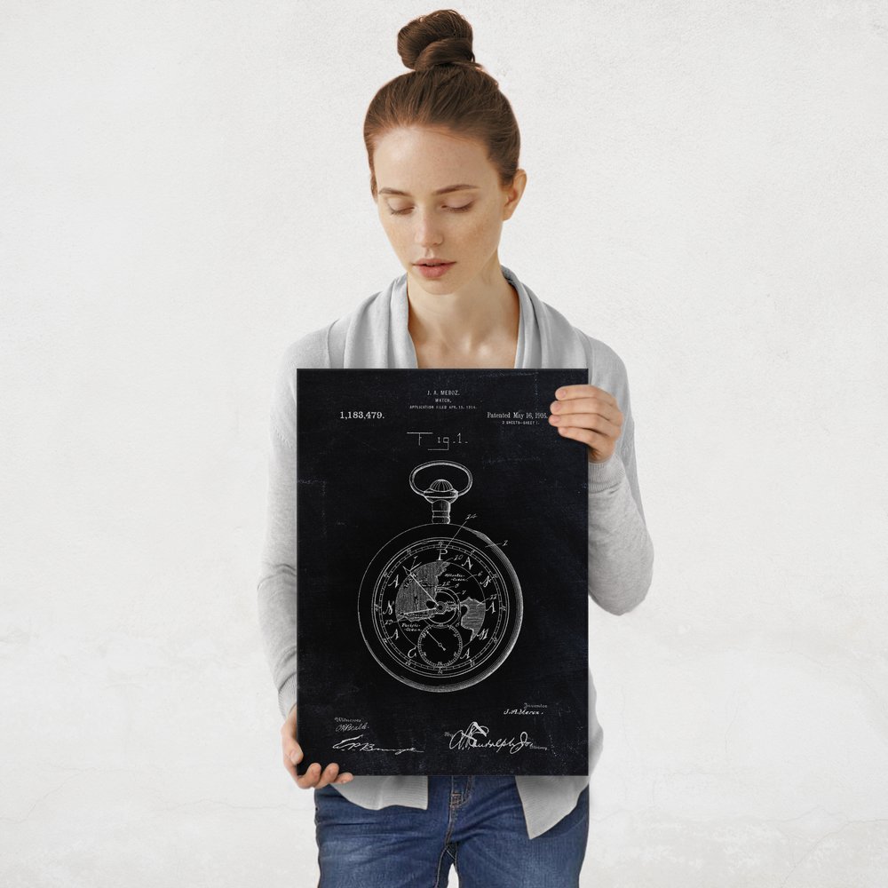 Plakat metalowy czarny projekt patentu zegarka kieszonkowego M