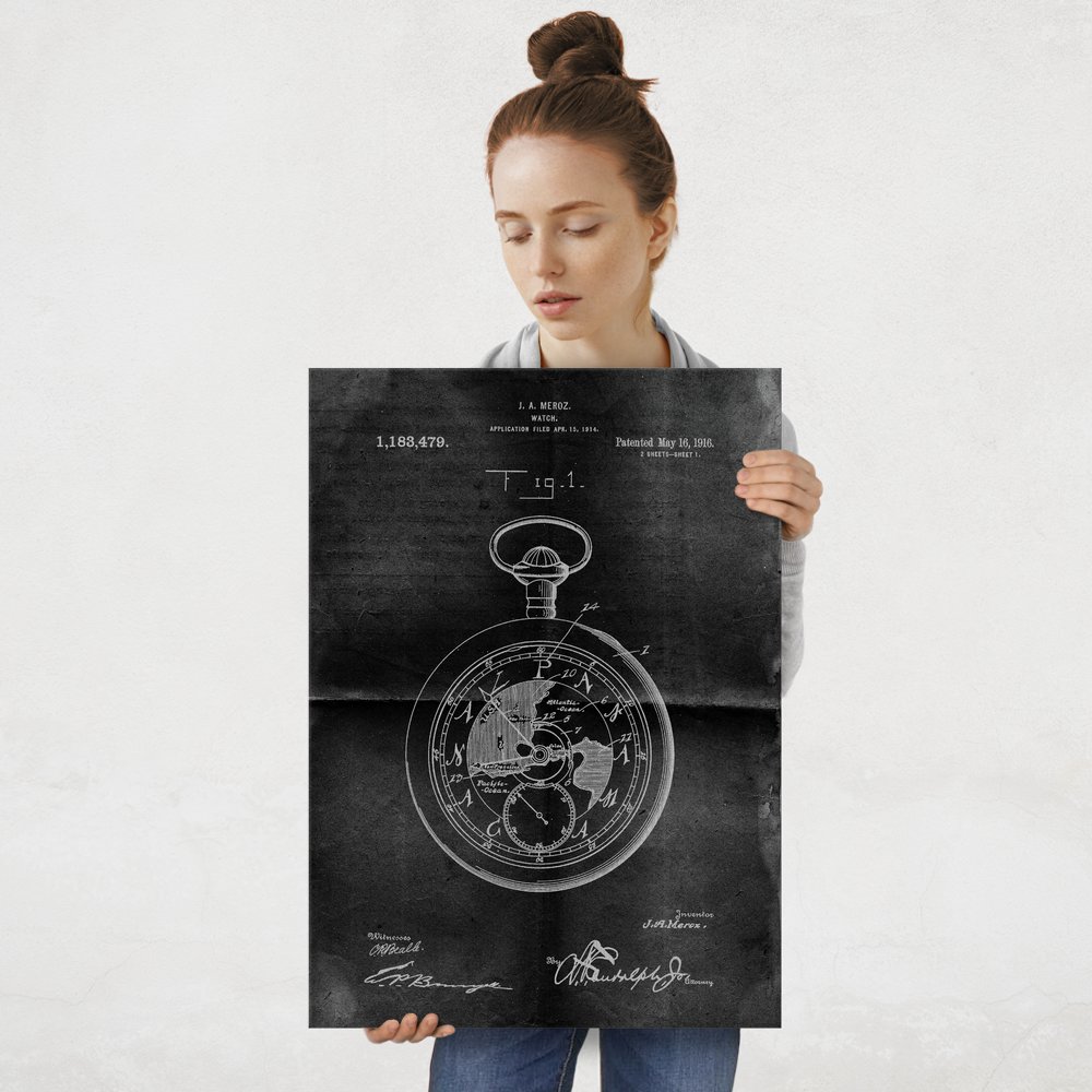 Plakat metalowy projekt patentu zegarka kieszonkowego na czarnym papierze L
