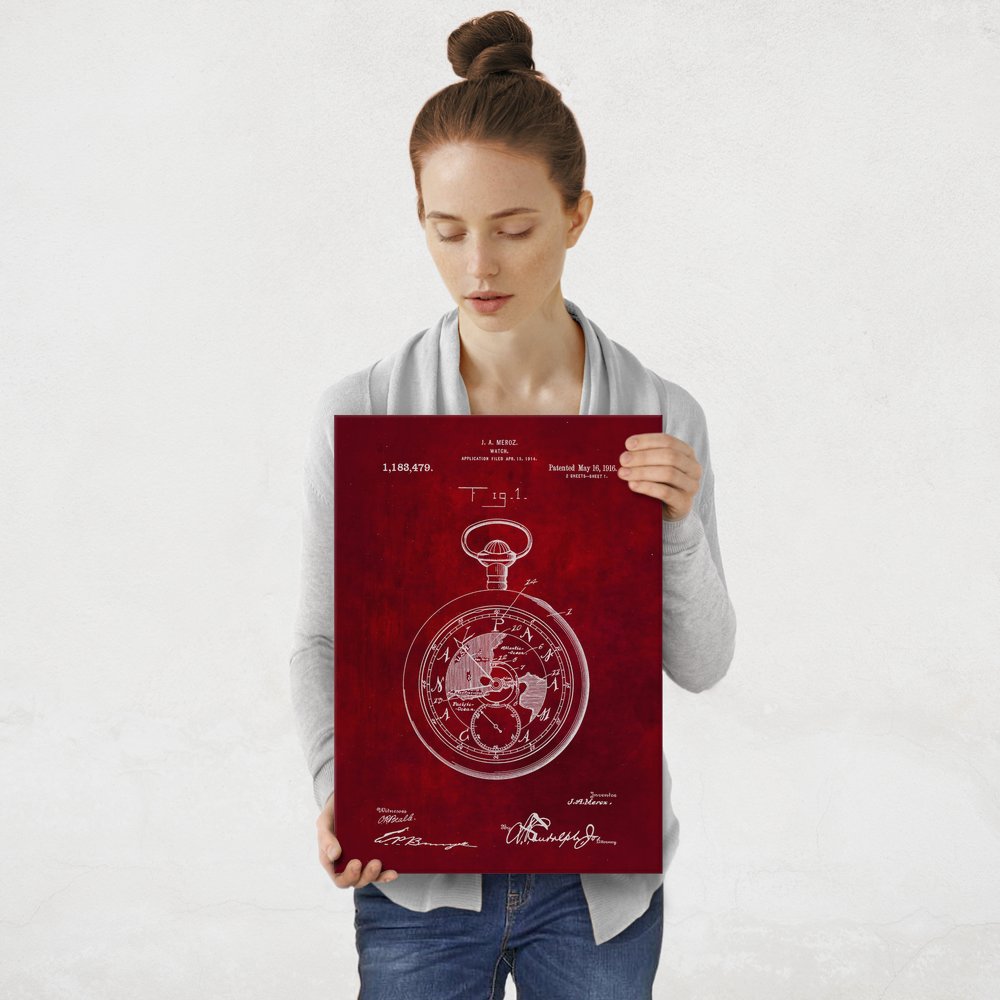 Plakat metalowy czerwony projekt patentu zegarka kieszonkowego M