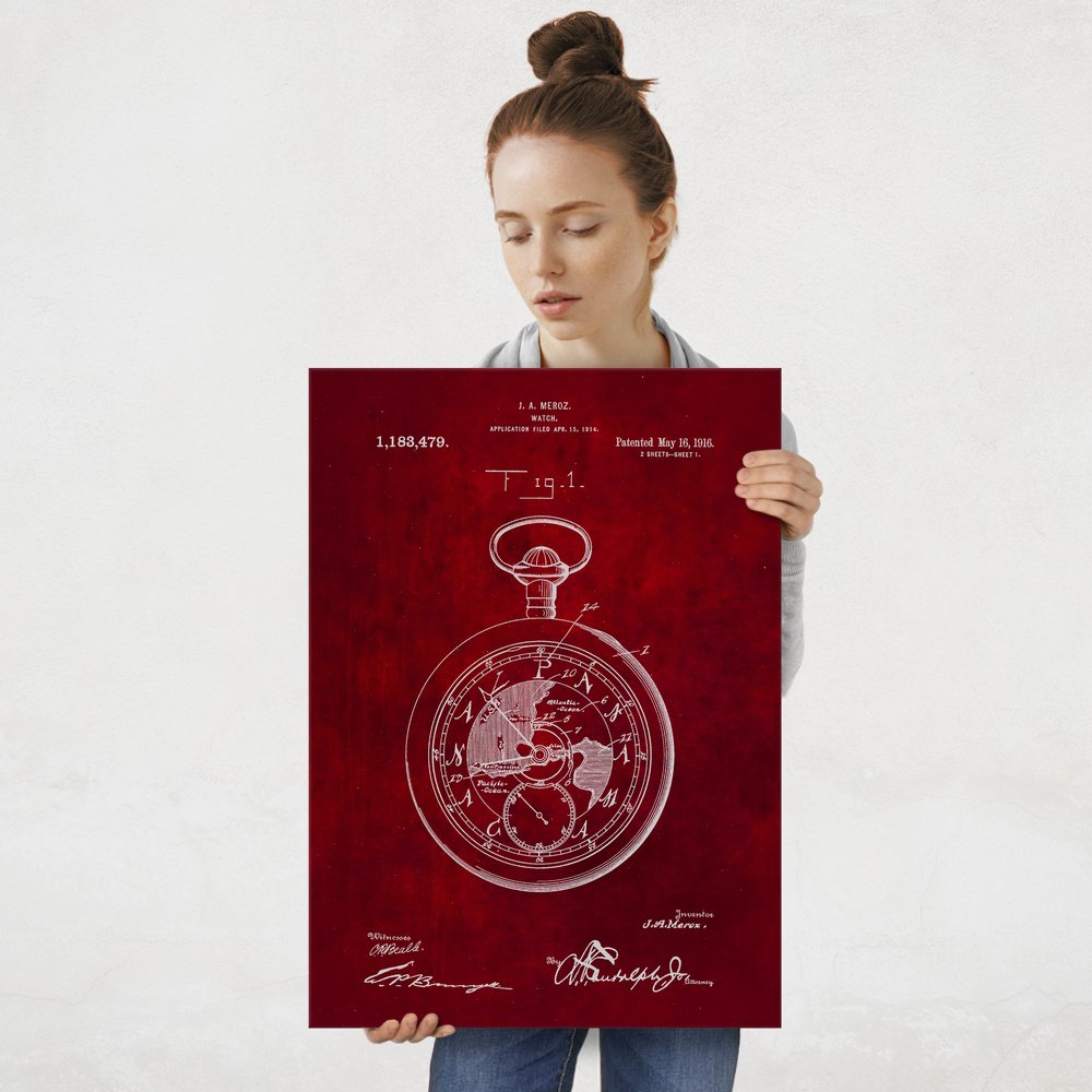 Plakat metalowy czerwony projekt patentu zegarka kieszonkowego L