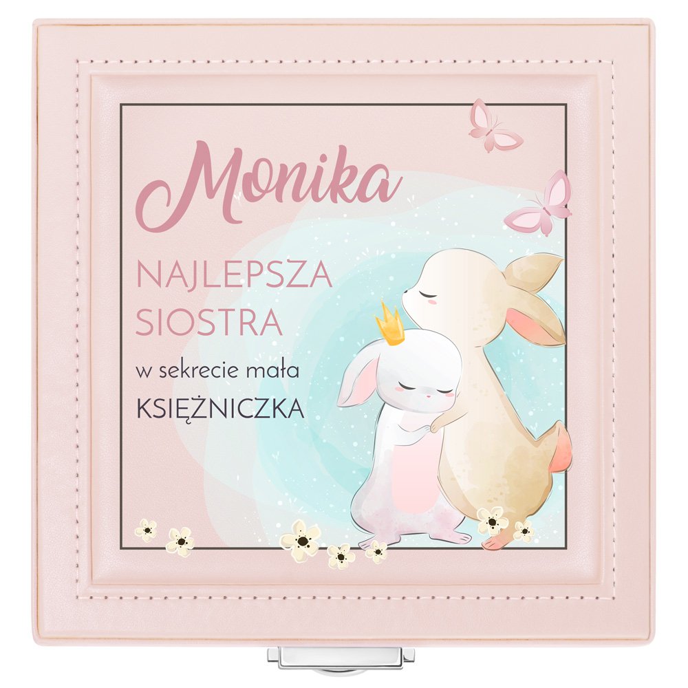 Szkatułka różowa na biżuterię z nadrukiem dla siostry na imieniny Dzień Dziecka
