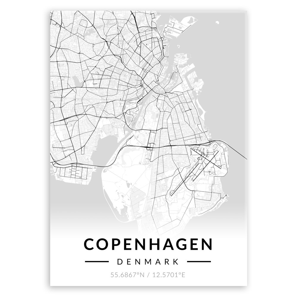 Plakat metalowy Mapa B&W Kopenhaga L