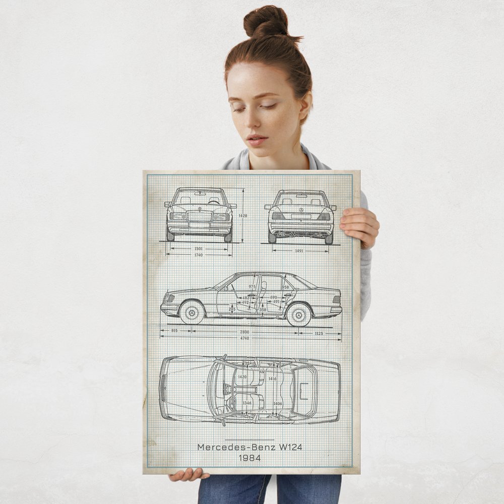 Plakat metalowy Mercedes-Benz W124 Projekt Vintage L