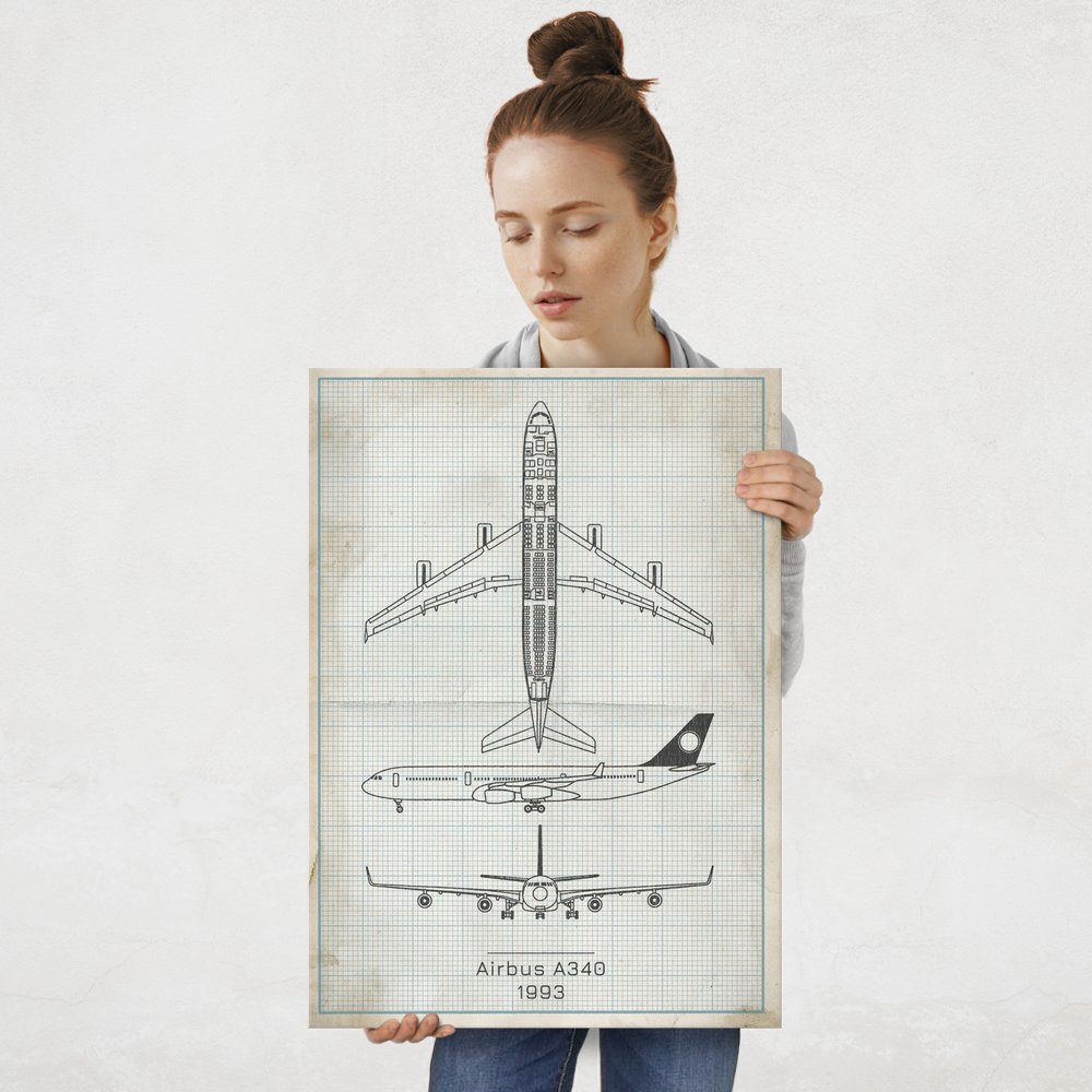 Plakat metalowy Airbus A340 Projekt Vintage L