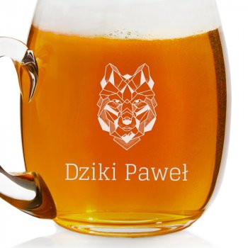 Kufel szklany do piwa z grawerem wilk dla niego podróżnika szefa