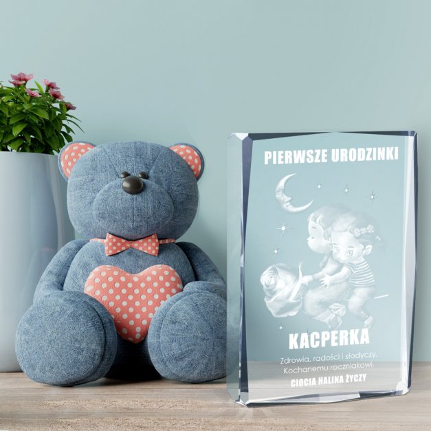 Kryształ 3D grawerowany para w spersonalizowanym opakowaniu na roczek