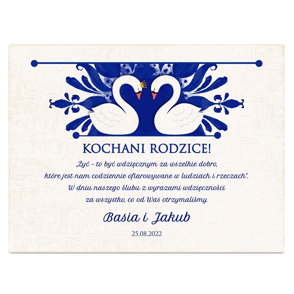 Łabędzie kryształowe w pudełku z nadrukiem dla rodziców jako podziękowanie ślubne