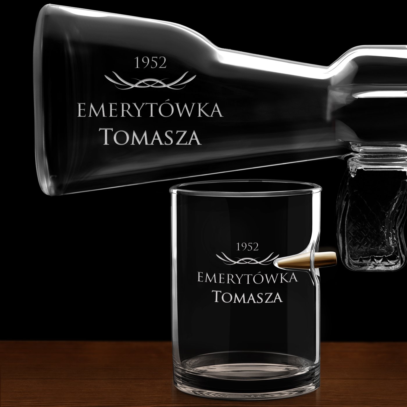 Karafka karabin 4 szklanki zestaw z grawerem dla emeryta na urodziny