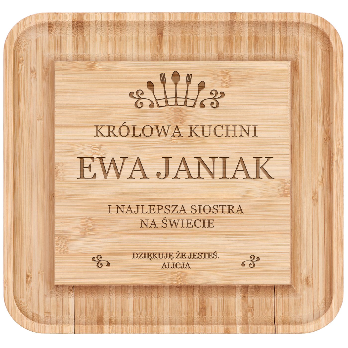 Deska drewniana do sera kwadratowa z grawerem dla siostry