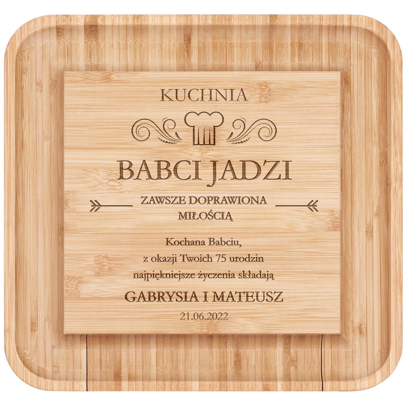Deska drewniana do sera kwadratowa z grawerem dla babci z okazji 75 urodzin