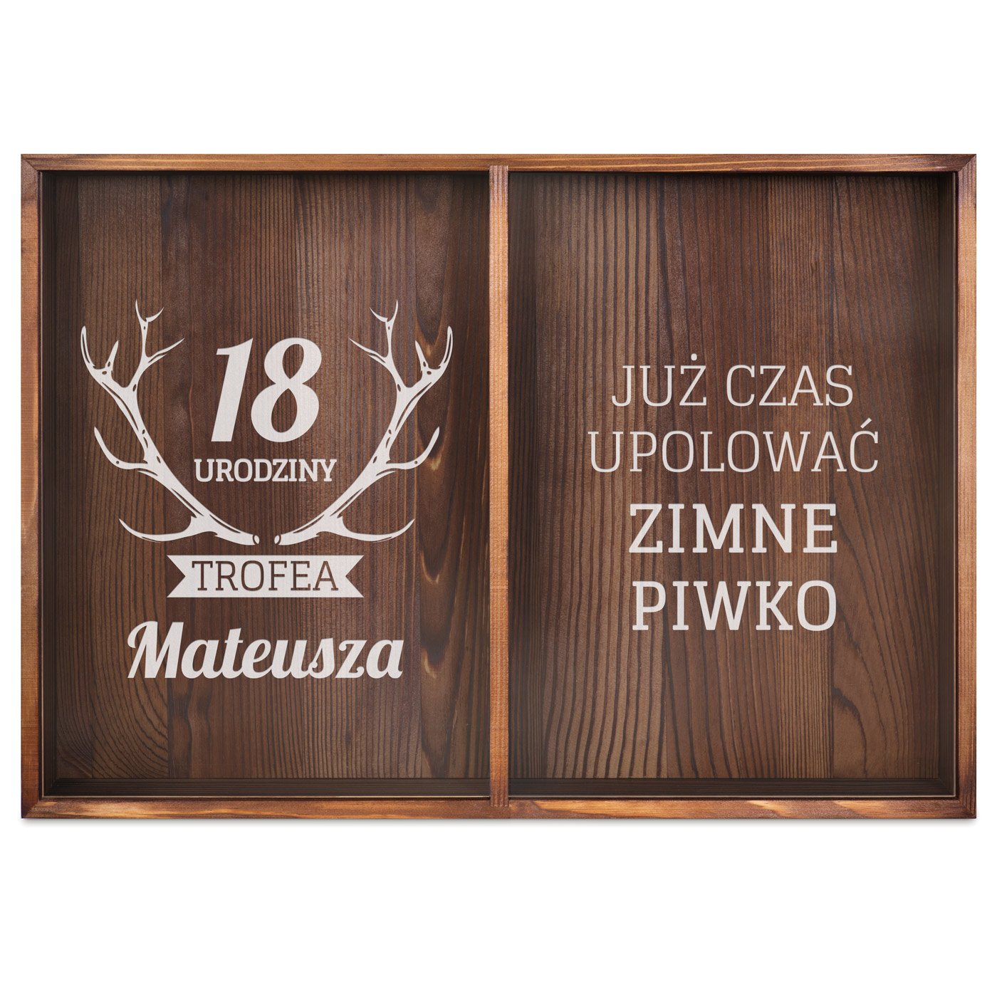 Skrzynka na kapsle podwójna z nadrukiem dla myśliwego piwosza na 18 urodziny