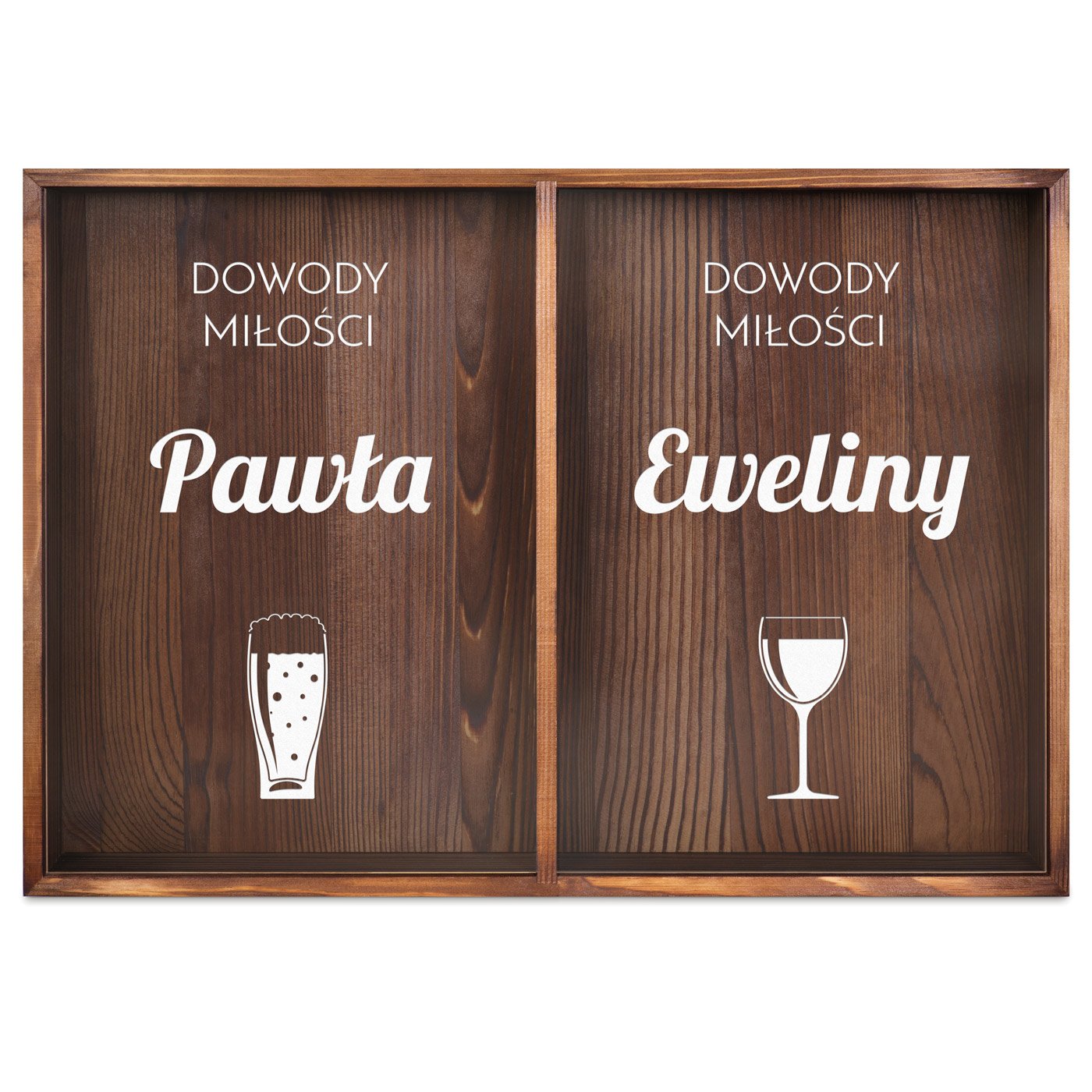 Skrzynka na korki od wina i kapsle podwójna z nadrukiem dla pary na ślub rocznicę parapetówkę