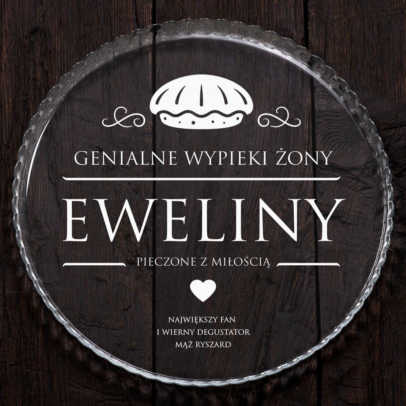 Patera szklana na ciasto bez nóżki grawer dla żony