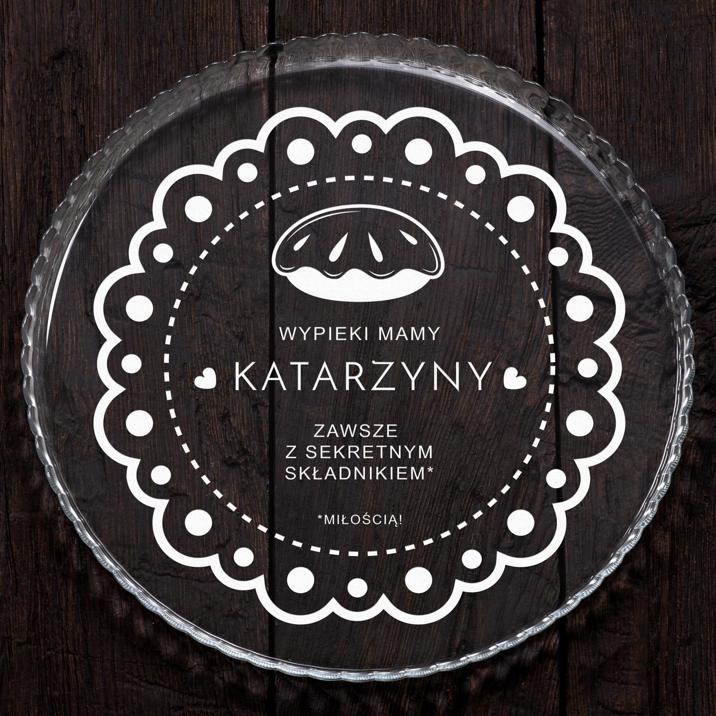 Patera szklana na ciasto bez nóżki grawer sekretny składnik miłość dla mamy