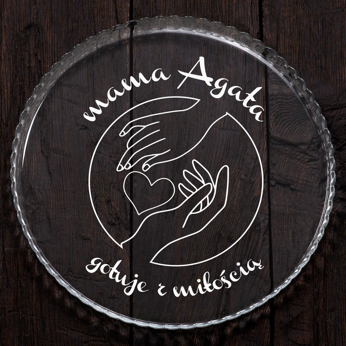 Patera szklana na ciasto bez nóżki grawer gotuje z miłością dla mamy