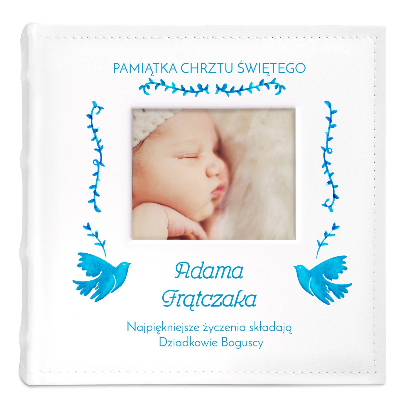 Album mały na zdjęcia z oknem i nadrukiem dla chłopca od dziadków na chrzest