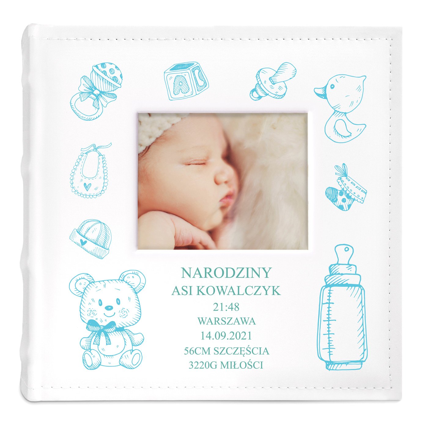 Album mały na zdjęcia z oknem i nadrukiem dla dziewczynki na narodziny