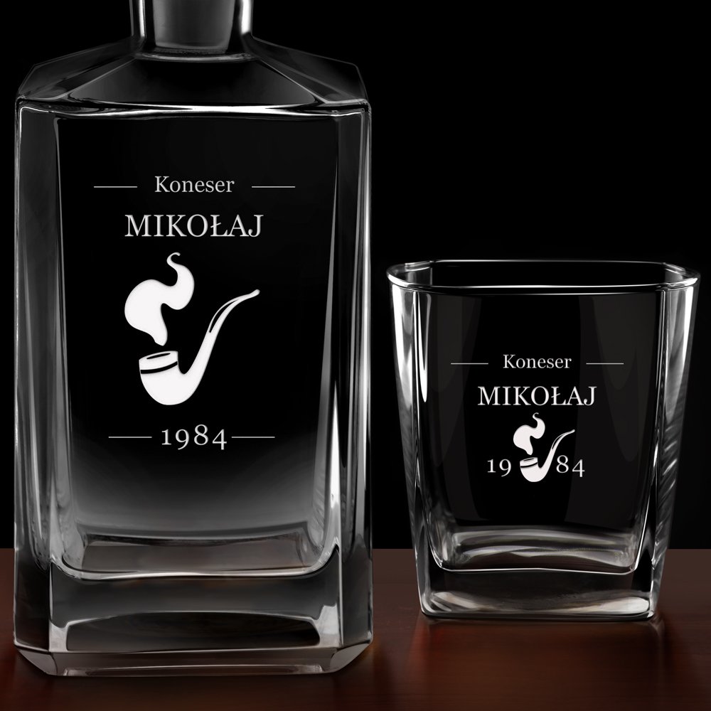 Karafka burbon 2 szklanki zestaw grawer fajka dla konesera dla dziadka