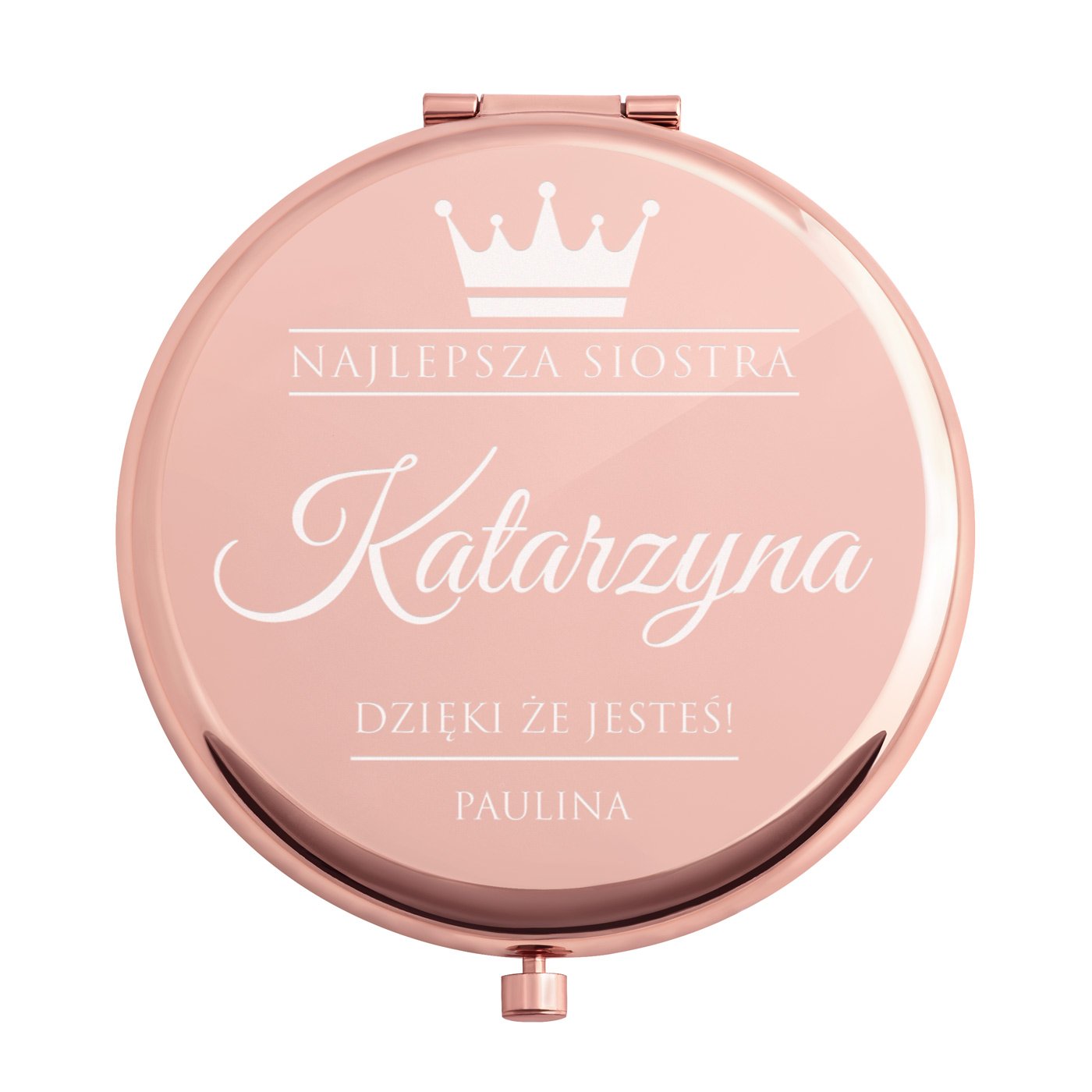 Lusterko okrągłe różowe z grawerem dla siostry na imieniny