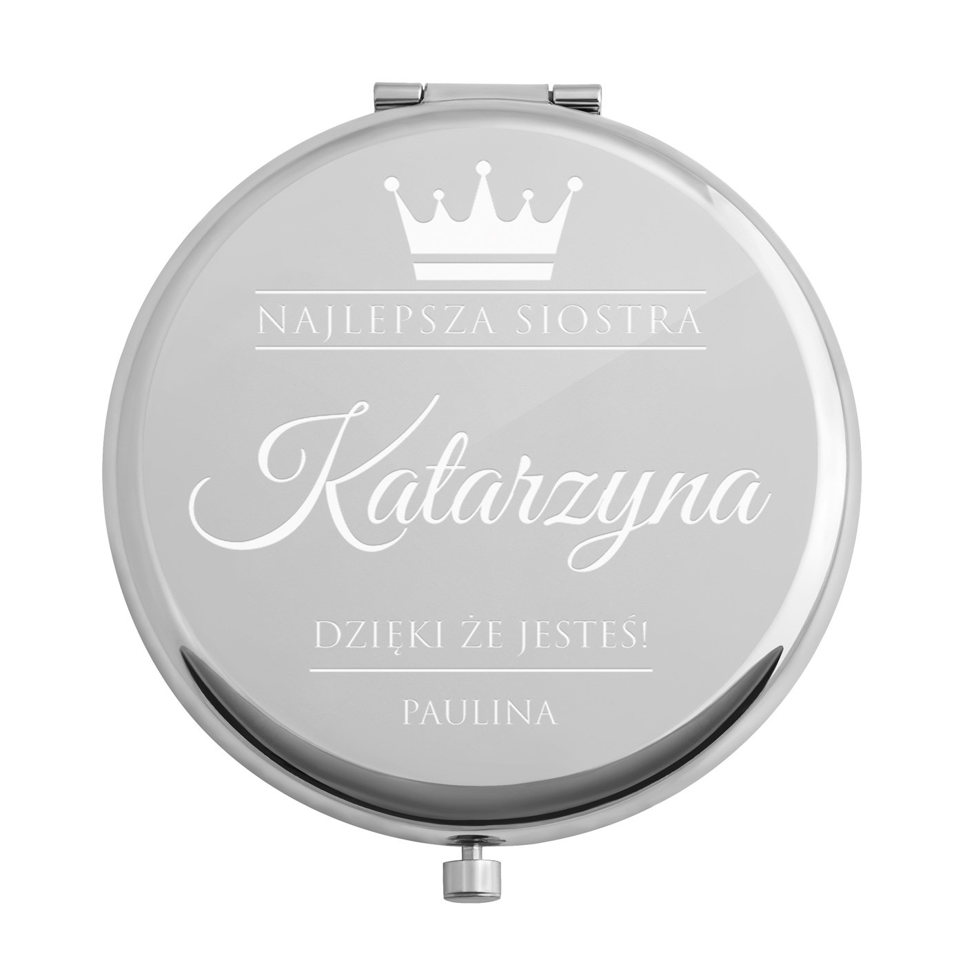 Lusterko okrągłe srebrne z grawerem dla siostry na imieniny podziękowanie ślubne