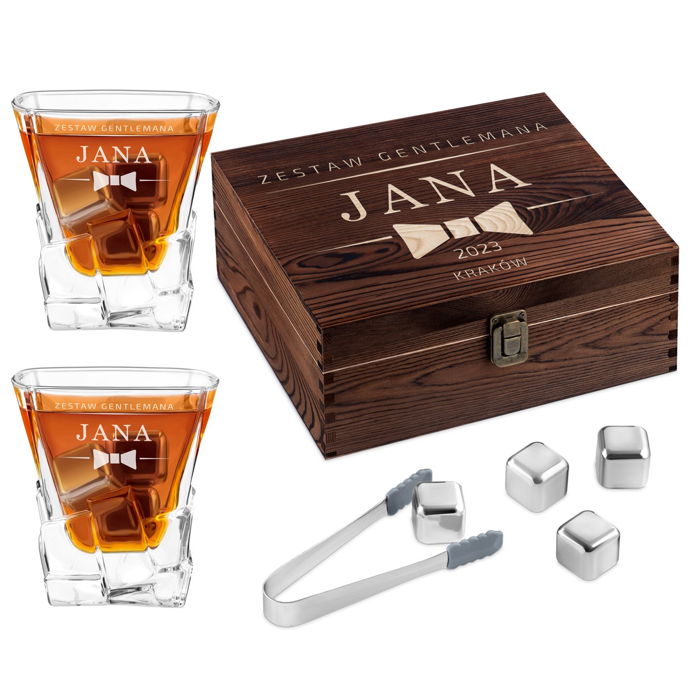 Kamienie kostki do whisky ze szklankami zestaw z grawerem dla gentlemana