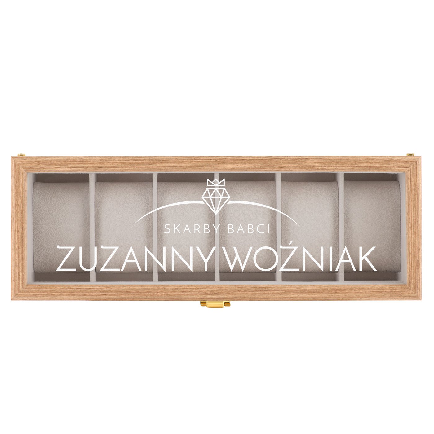 Szkatułka drewniana prostokątna na 6 zegarków z grawerem dla babci na skarby