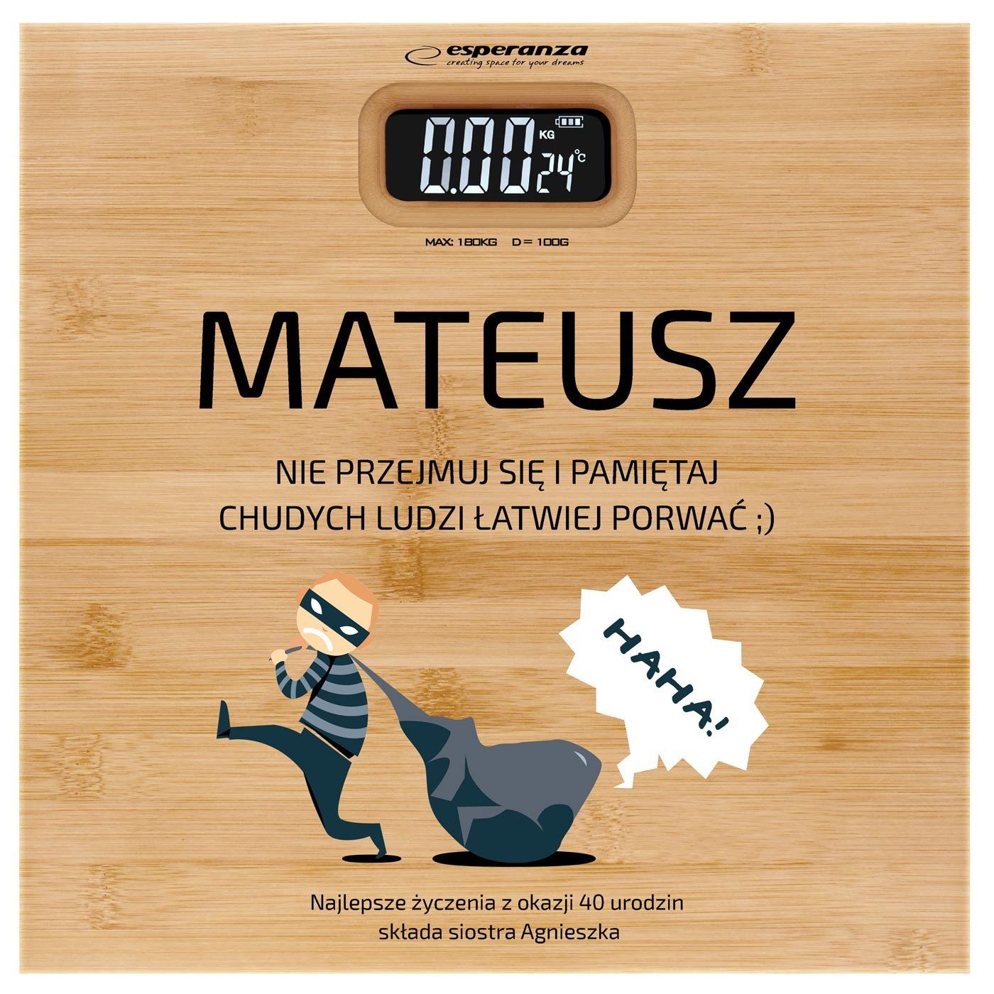 Waga bambusowa łazienkowa z nadrukiem dla brata na 40 urodziny