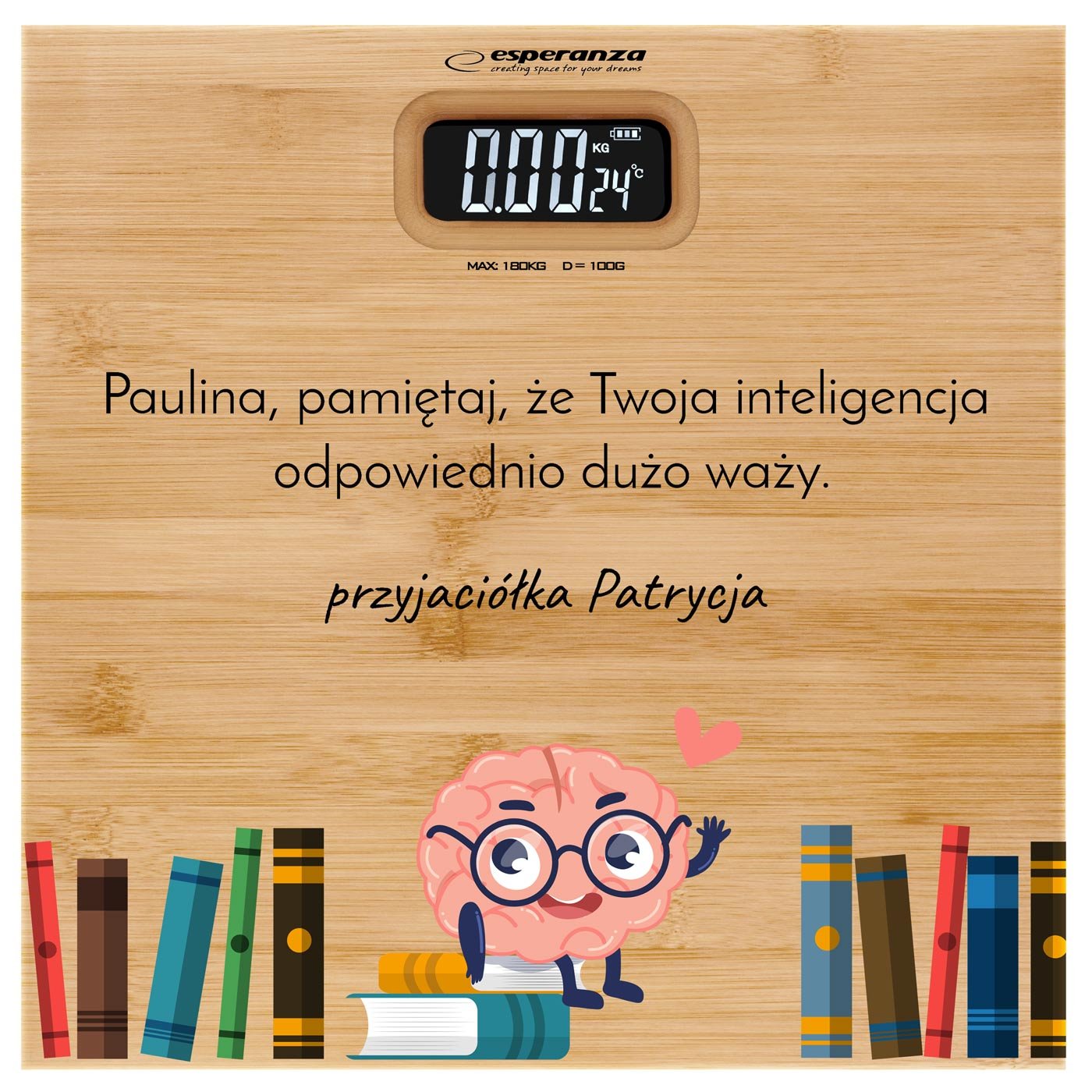 Waga bambusowa łazienkowa z nadrukiem dla przyjaciółki mola książkowego