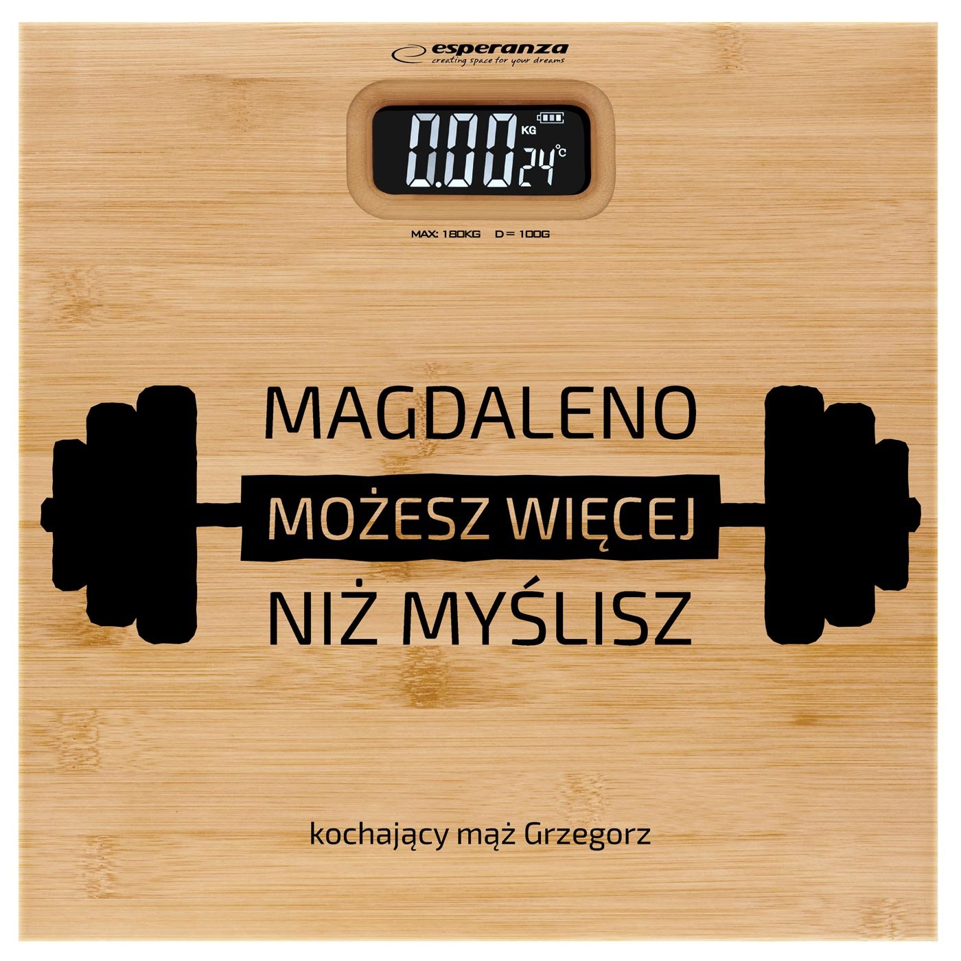 Waga bambusowa łazienkowa z nadrukiem dla żony sportowca fitneski siłacza fitneski
