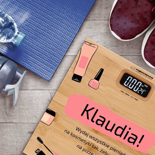 Waga bambusowa łazienkowa z nadrukiem dla niej kosmetyczki