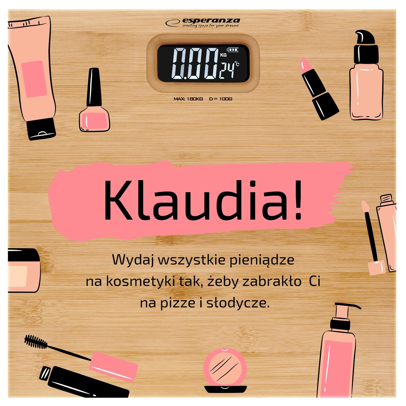 Waga bambusowa łazienkowa z nadrukiem dla niej kosmetyczki