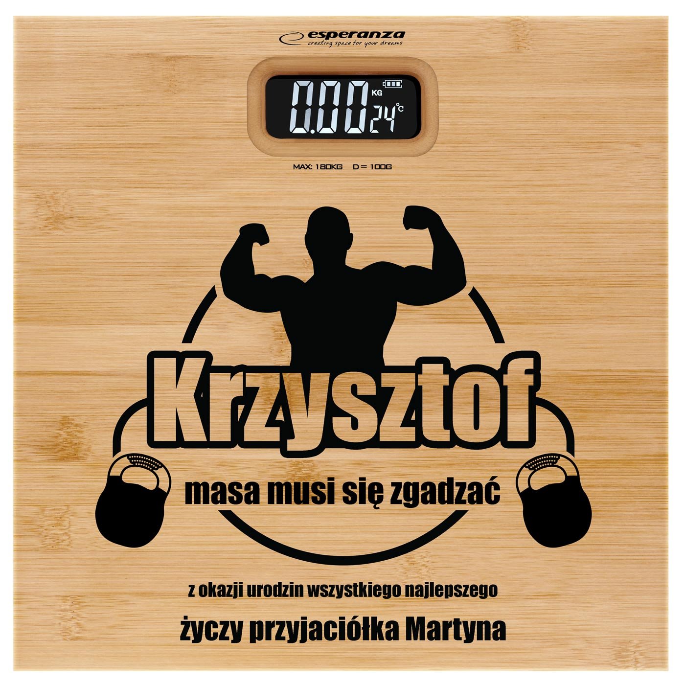 Waga bambusowa łazienkowa z nadrukiem dla przyjaciela siłacza sportowca