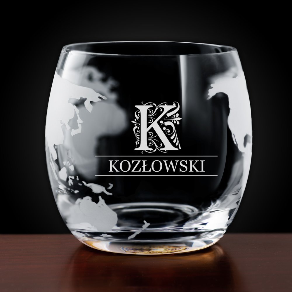 Karafka szklana globus zestaw do whisky szklanki x2 z grawerem inicjał dla niego