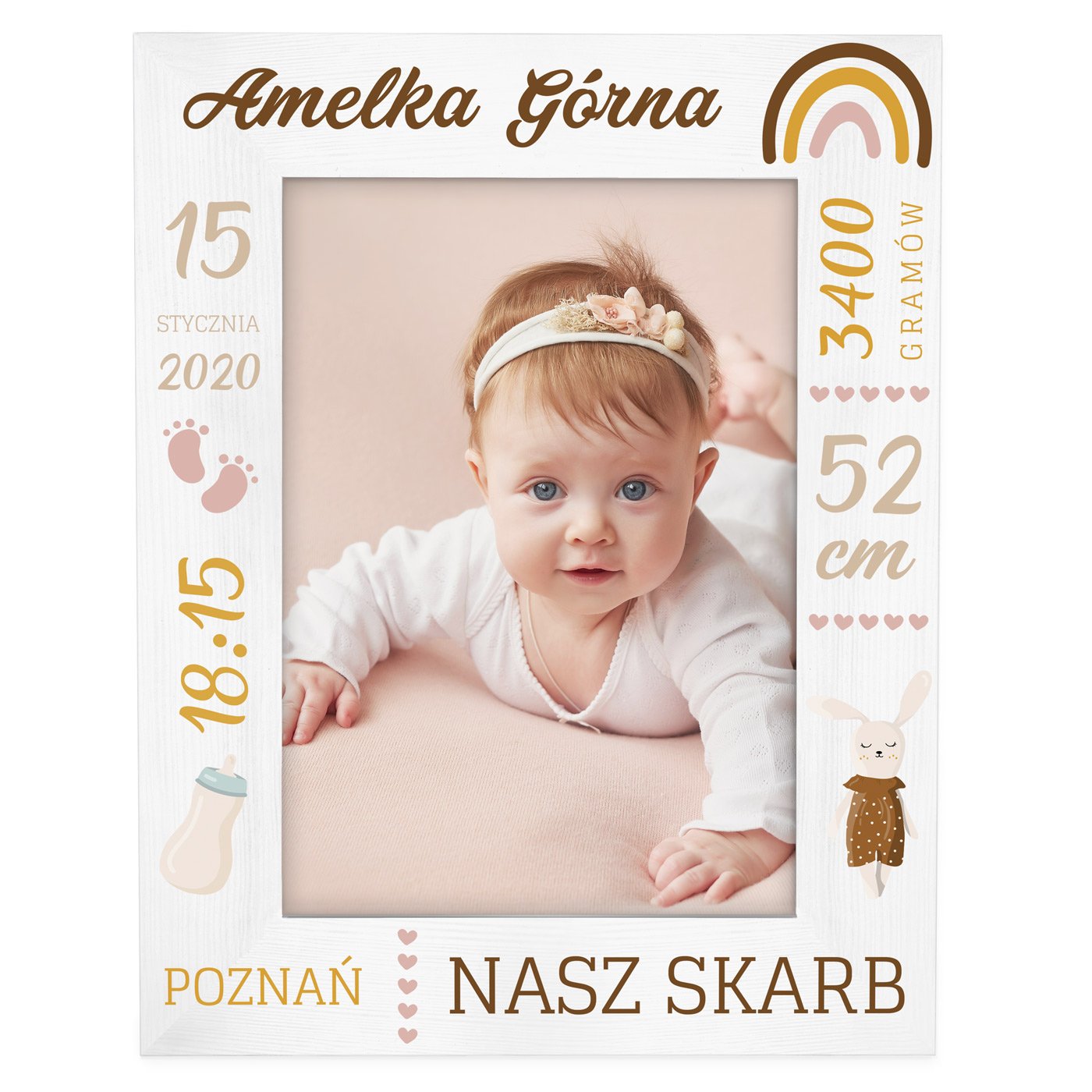 Ramka na zdjęcia biała z nadrukiem dla dziewczynki na narodziny