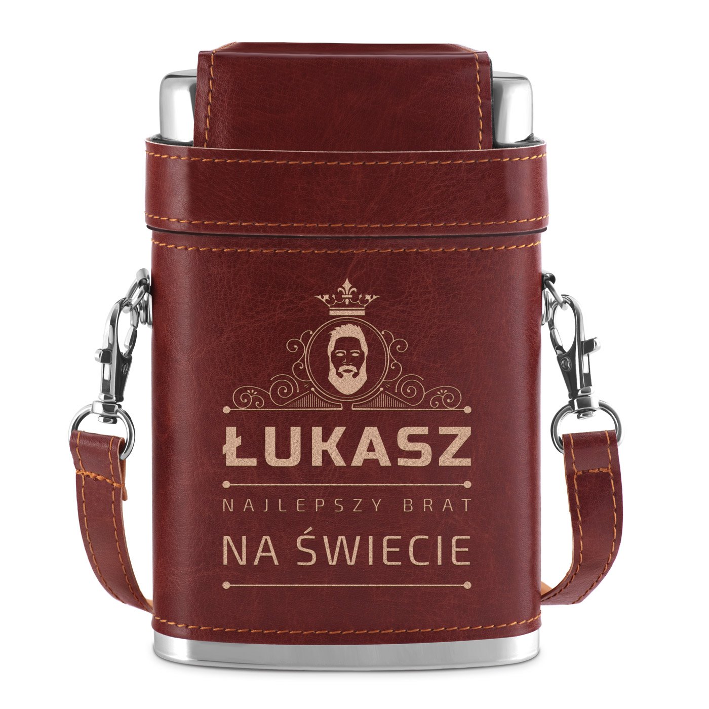 Piersiówka metalowa w pokrowcu z kieliszkami i grawerem dla brata na imieniny podziękowanie ślubne
