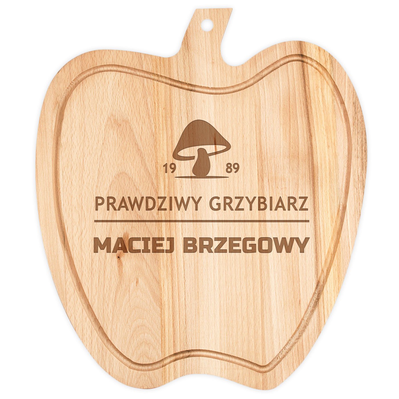 Deska drewniana do krojenia jabłko z grawerem dla grzybiarza na urodziny