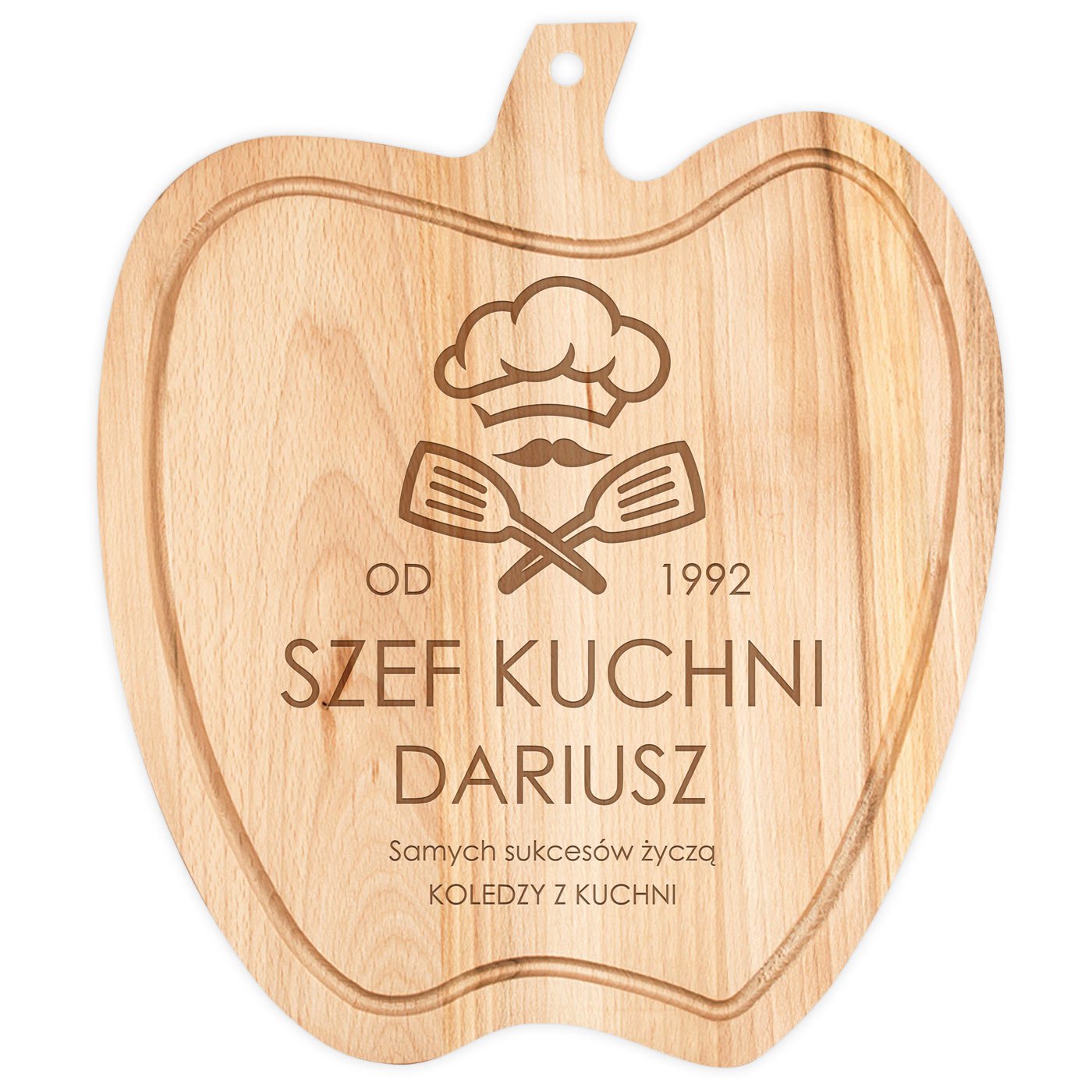 Deska drewniana do krojenia jabłko z grawerem dla szefa kuchni kolegi na urodziny
