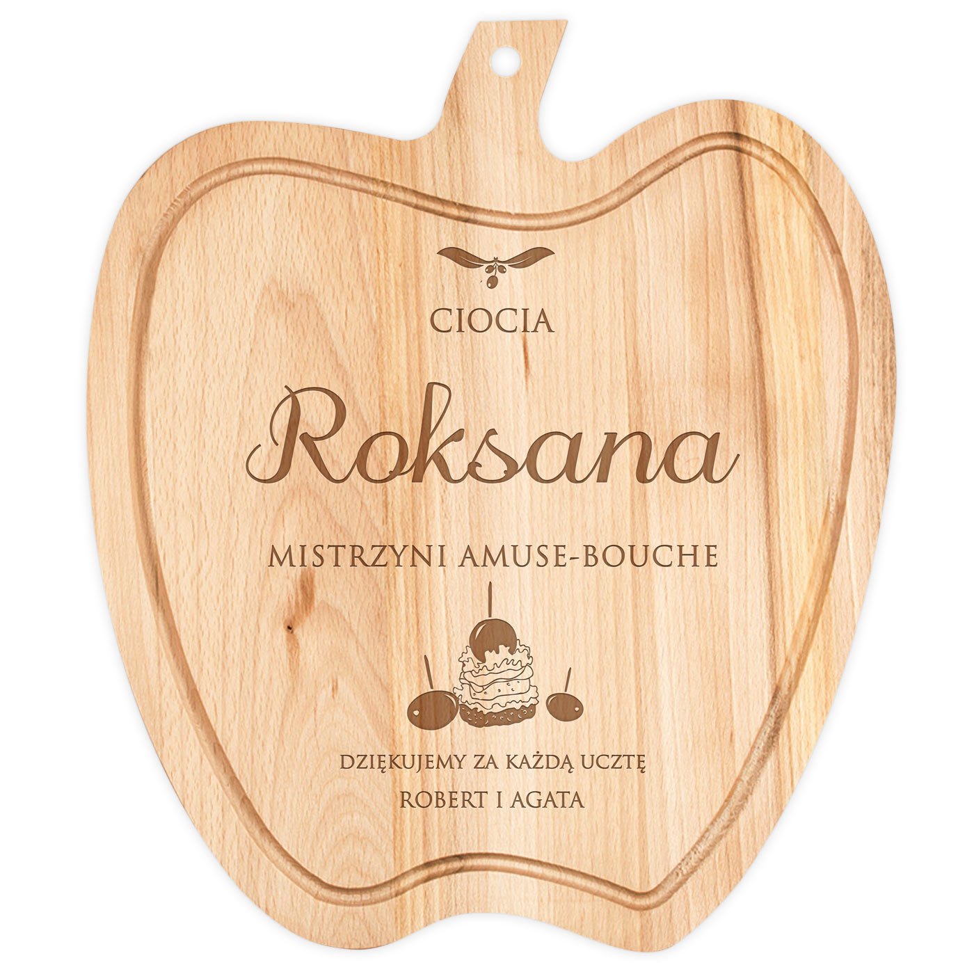 Deska drewniana do krojenia jabłko z grawerem dla cioci imprezowiczki na imieniny