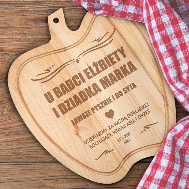 Deska drewniana do krojenia jabłko z grawerem na Dzień Babci i Dzień Dziadka