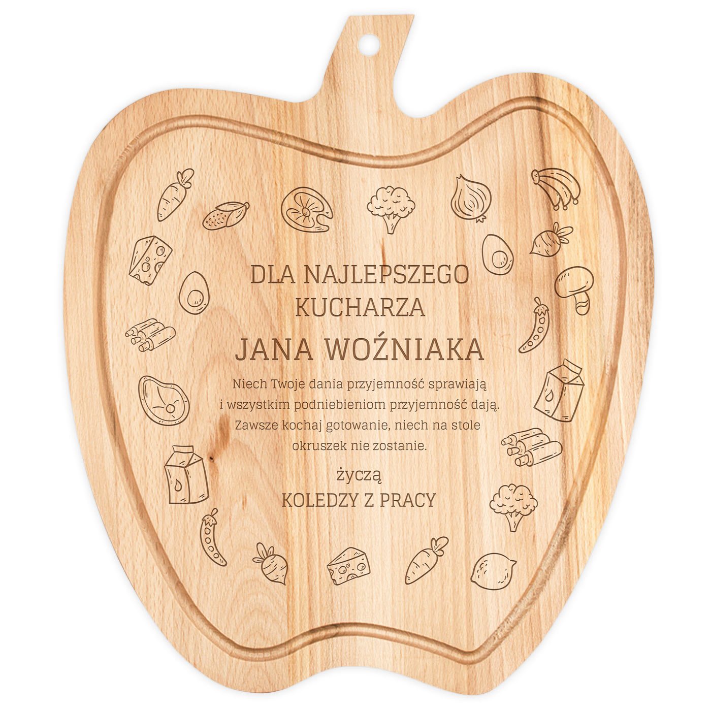 Deska drewniana do krojenia jabłko z grawerem dla kolegi z pracy kucharza