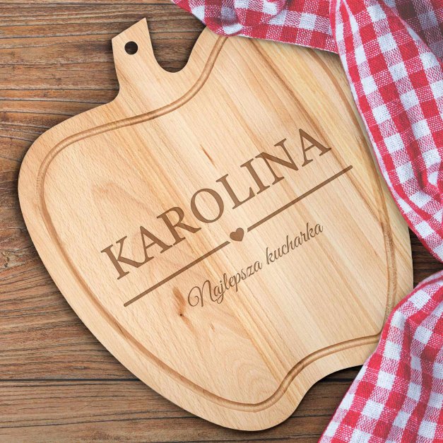 Deska drewniana do krojenia jabłko z grawerem dla niej kucharki na imieniny walentynki
