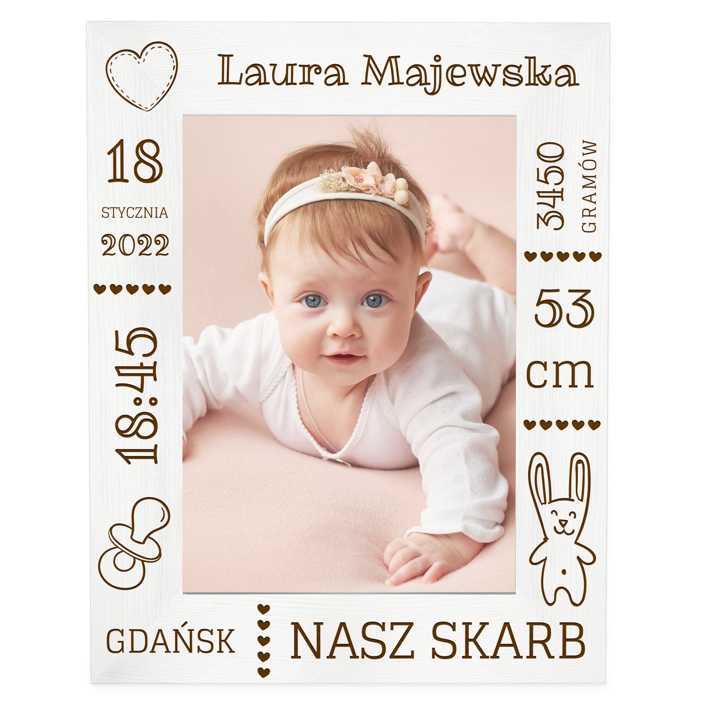 Ramka biała na zdjęcie z grawerem dla dziewczynki na narodziny