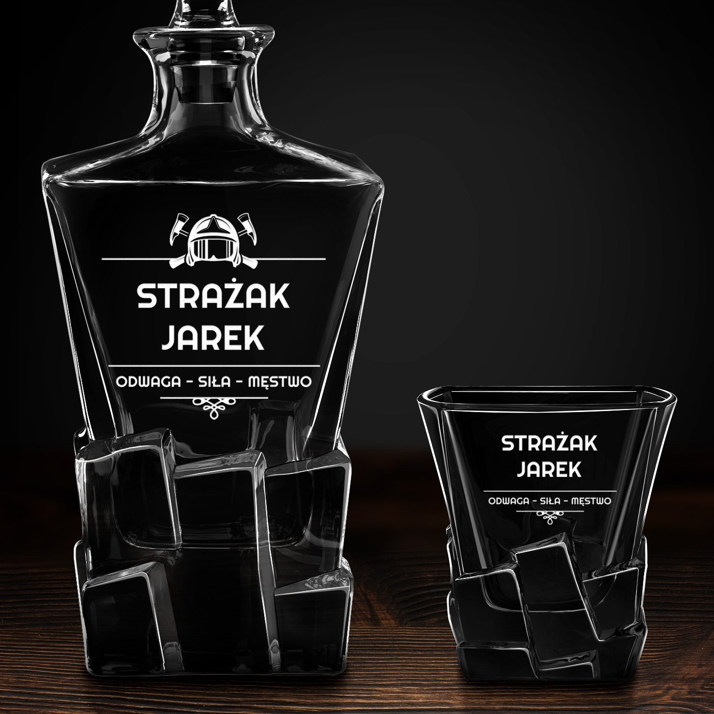 Karafka Ice Blink i 4 szklanki z grawerem dla strażaka na imieniny