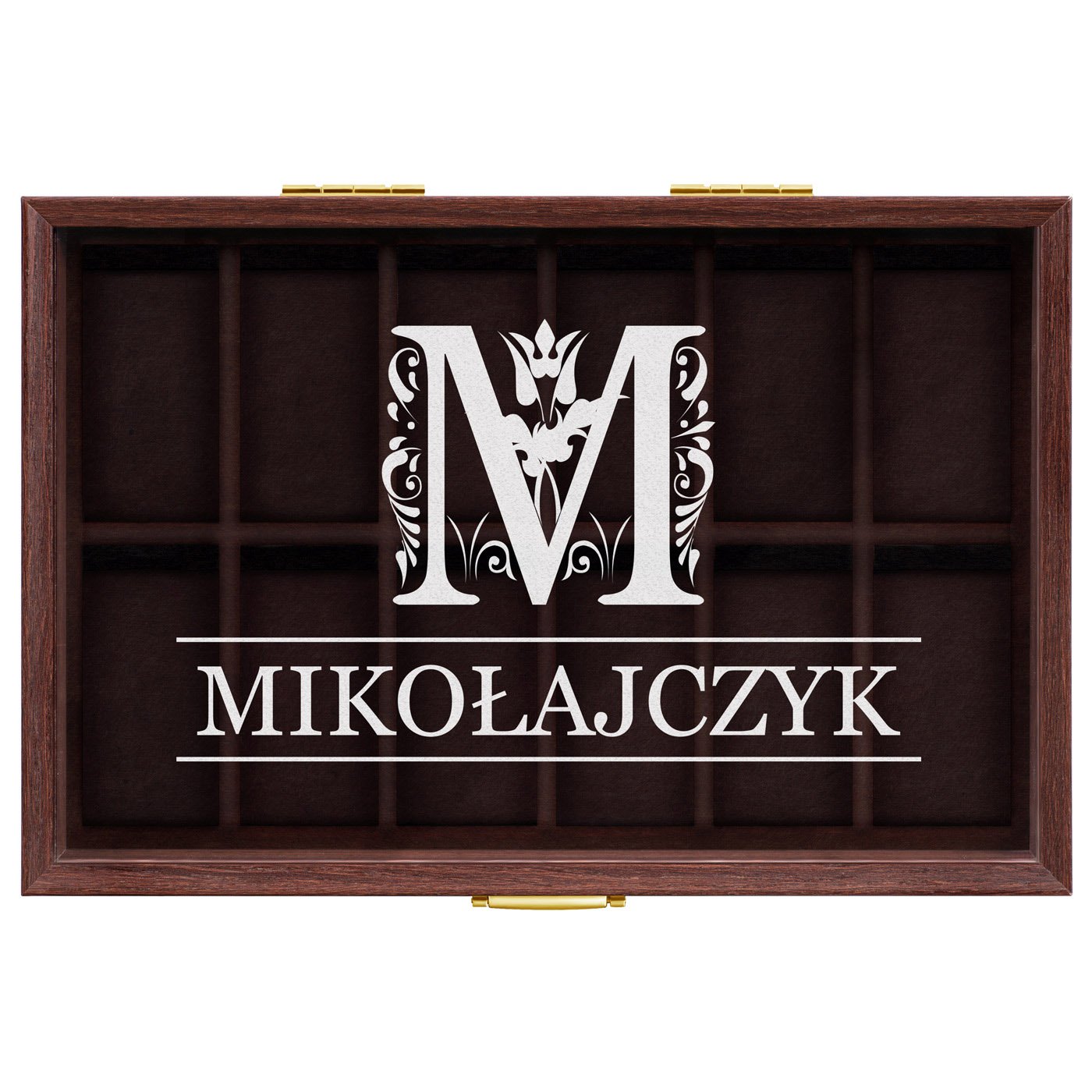 Szkatułka brązowa na zegarki z grawerowanym inicjałem nazwiskiem dla gentlemana