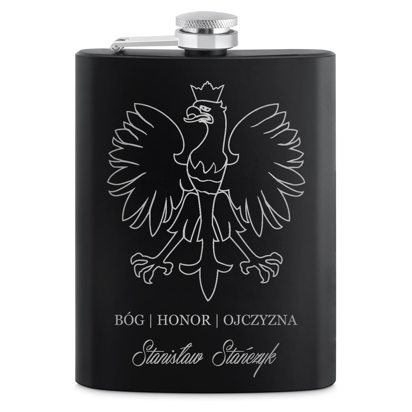 Piersiówka czarna z 4 kieliszkami i grawerem dla żołnierza policjanta historyka patrioty